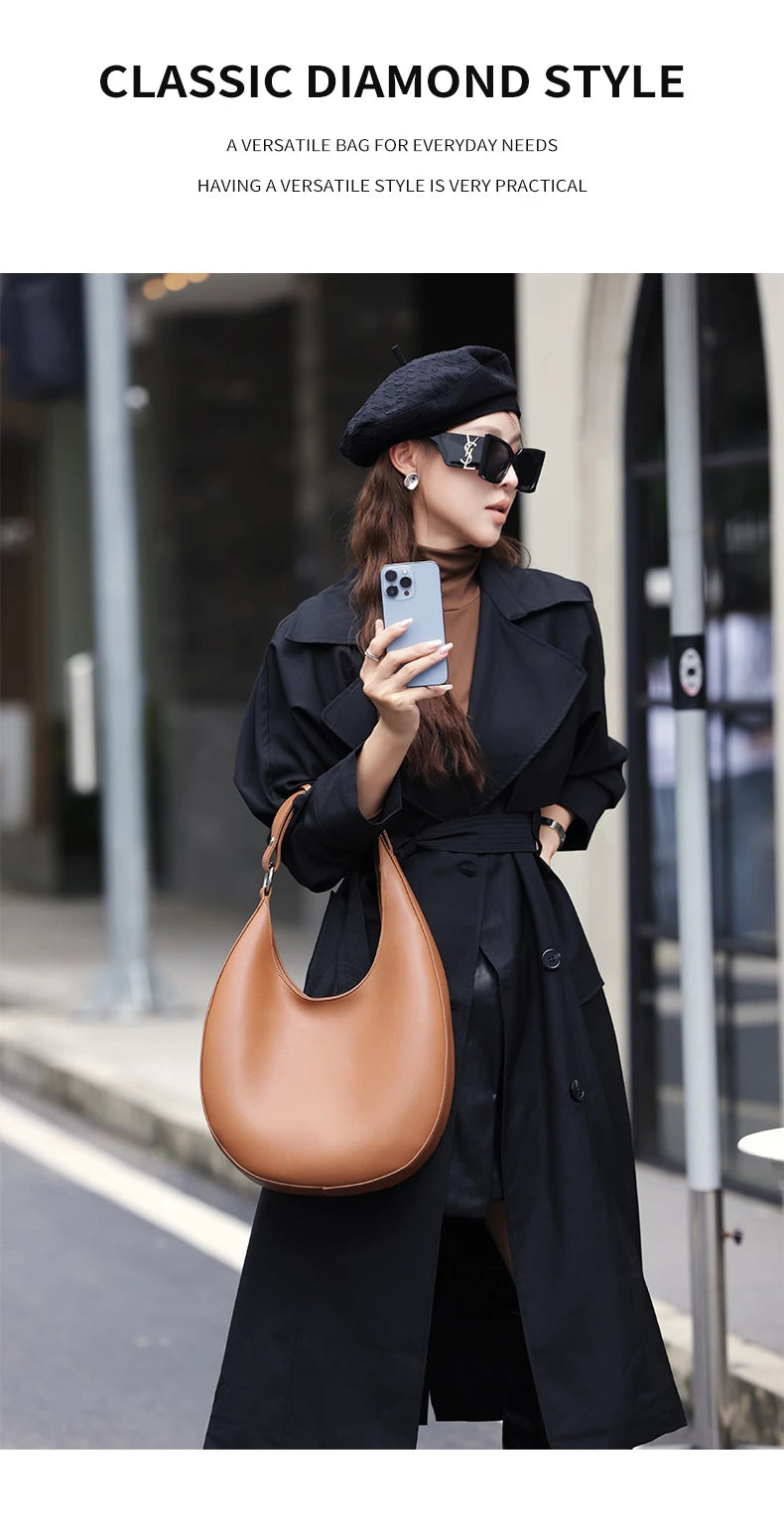 Hifashion Genuine Leather Underarm Shoulder Bags For Women 2024 Trend Designer Half Moon Crossbody Purses Tote Ladies Handbags